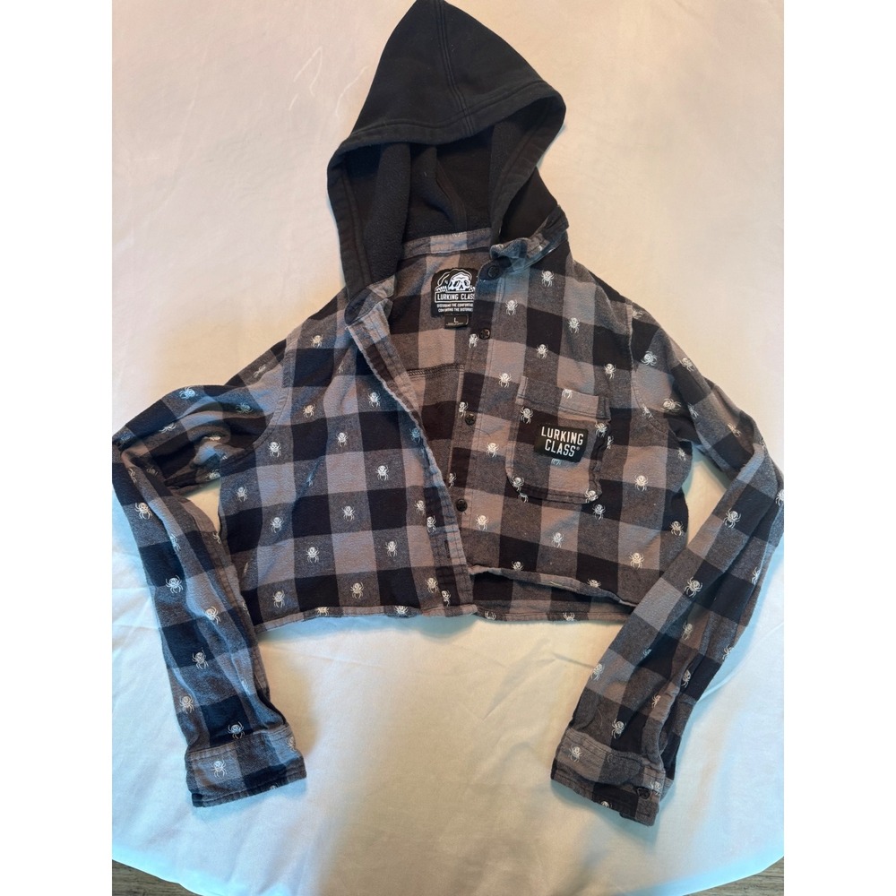 Lurking Class Sketchy Tank Hooded Cropped Flannel Shirt Spider Plaid L